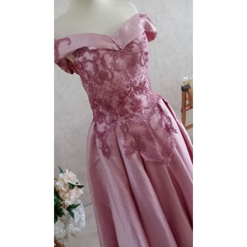 jacquard glitter pink dress / dress pesta bahan premium