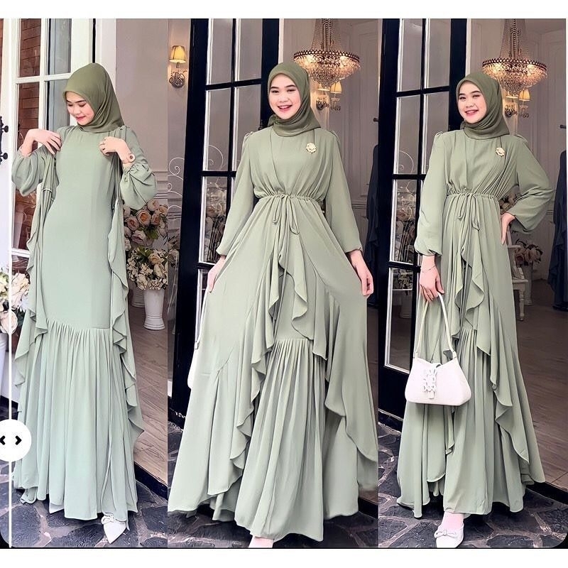 Arini gamis set long cardi dress kondangan terbaru maxi dres ceruty babydoll
