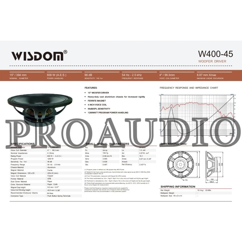 Speaker Wisdom 15 Inch Woofer W400-45 W 400 45 W400 45 VC 4 Original