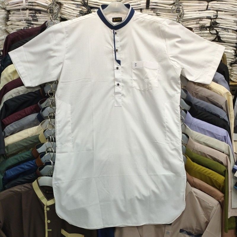Baju koko Kurta Al-luthfi Putih Lengan Pendek Model Terbaru, Bahan katun premium, Koko Pakistan Puti