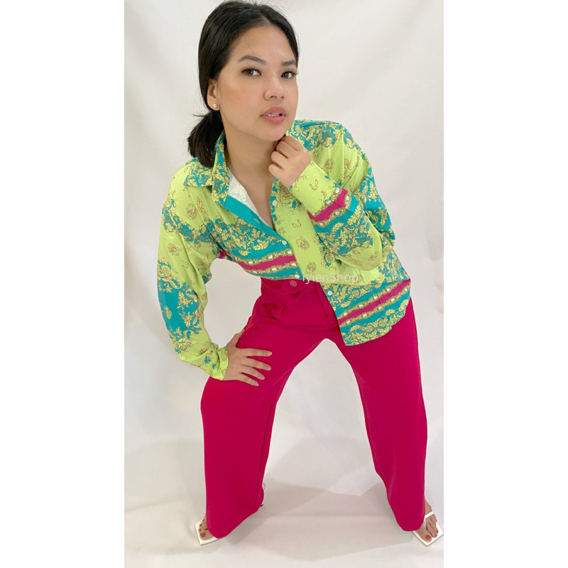 Kemeja Oversized Wanita - Green Satin