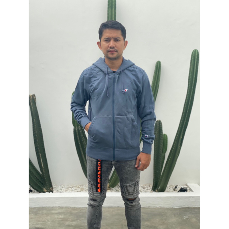 SMALL C ZIP JACKET HOODIE BLUE GREY By CHAMPION ORIGINAL
