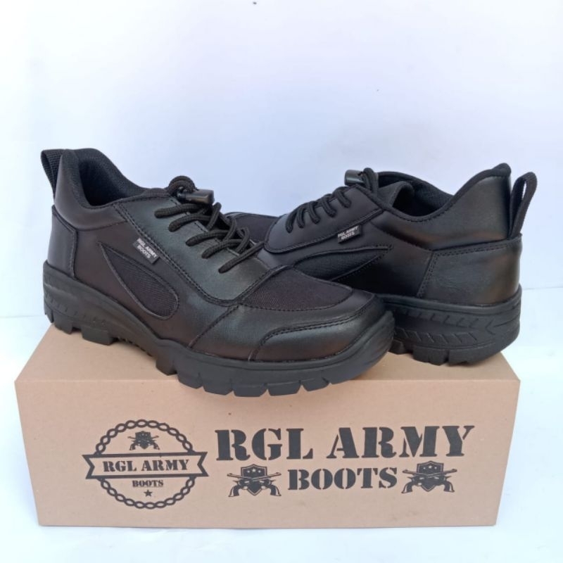 SEPATU BOOTS KASUAL MOTOR BAHAN KULIT SAPI ASLI MERK RGL SEPATU PDL PENDEK UNTUK TNI POLRI SECURITY SATPAM SEPATU PDL POLANTAS MODEL TERBARU