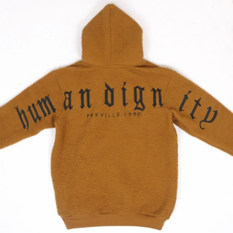 SHERPA ORIGINAL HOODIE JAKET PREVILLE HUMAN DIGNITY CARAMEL FULLTAG