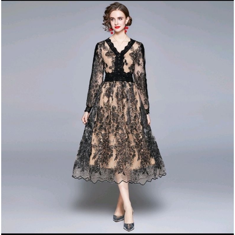 VN AGA BLACK LACE DRESS / DRESS PESTA PARTY EMBRIODERY EXCELLENT