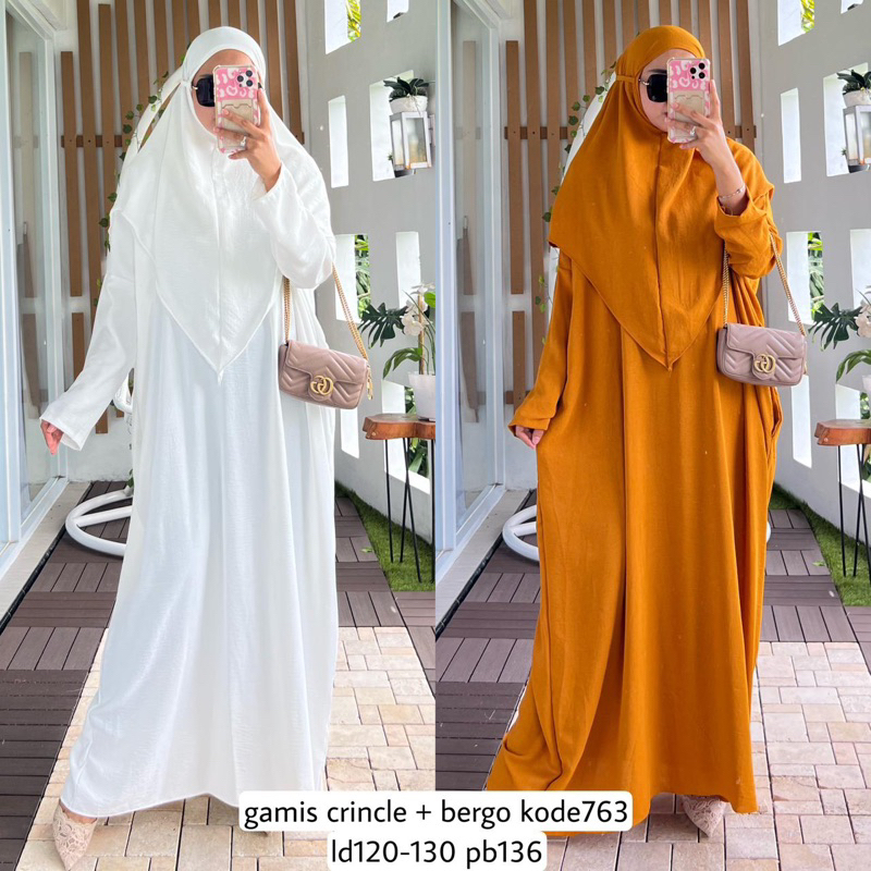 GAMIS SET BERGO /gamis crincle +bergo LD ~130cm