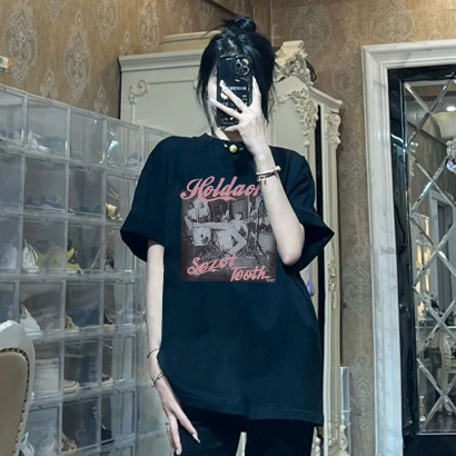 baju atasan wanita terbaru kaos american retro kaos import lengan pendek oversize kaos hitam ootd