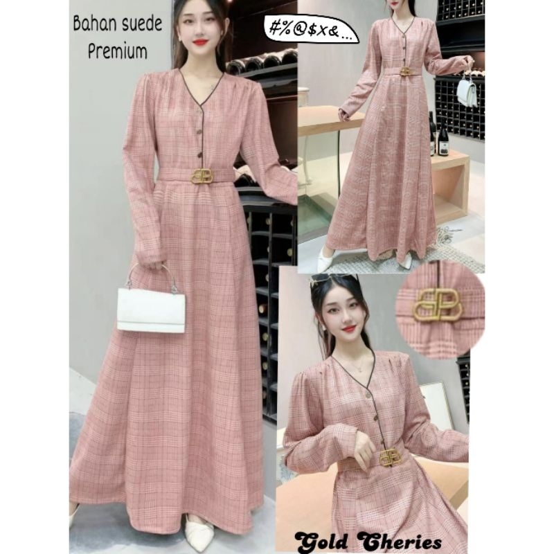 Gamis Maxi Dress Import Gold Cheries Suede Eliyya (FCODI994)