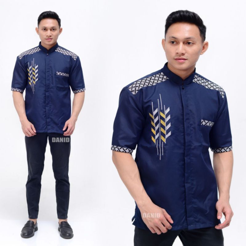 Baju Koko Dewasa Baju koko bordir Lengan pendek Baju koko Model Bordir Pari Baju Koko Pria Baju Koko Muslim Baju Koko Kombinasi Batik Lengan Pendek P027