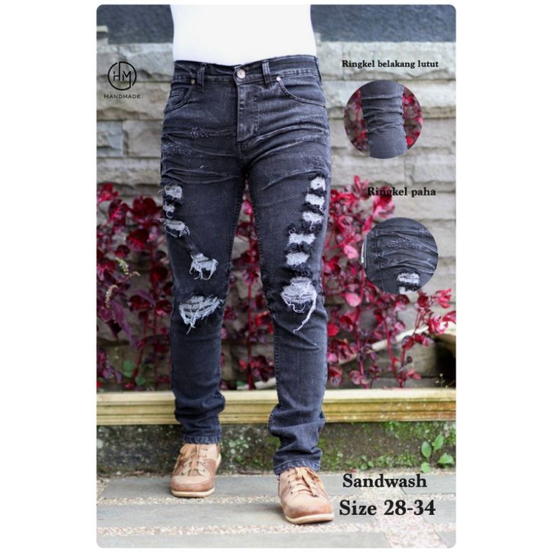 Celana Pria Jeans Ripped Sobek Puring Softjeans