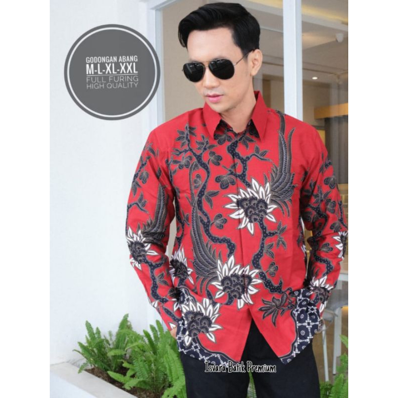 Kemeja Batik Pria Warna Merah Batik Exclusive Lengan Panjang PRAYOGA Batik Lapis Furing