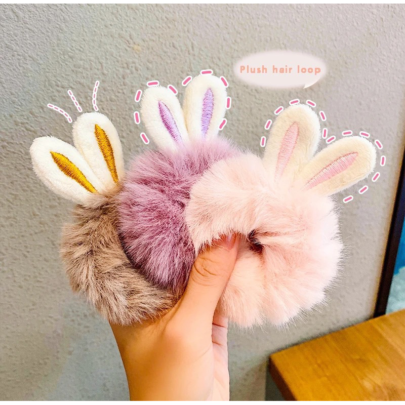 IKAT RAMBUT SCRUNCHIE BULU MOTIF BUNNY GAYA KOREA / KUNCIRAN RAMBUT SCRUNCHIE BULU MODEL KOREAN / IKAT RAMBUT CEPOL BULU