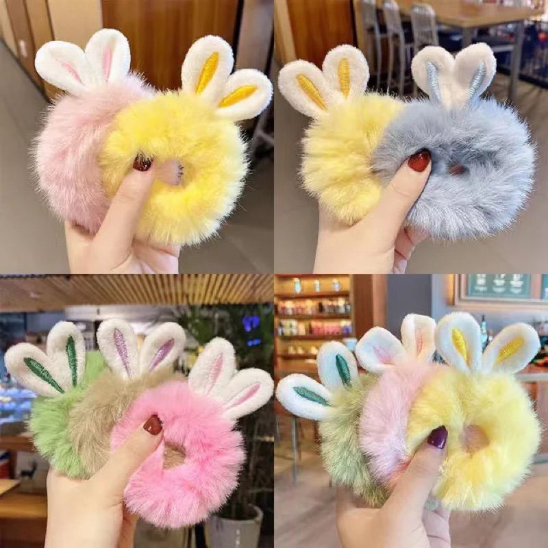 IKAT RAMBUT SCRUNCHIE BULU MOTIF BUNNY GAYA KOREA / KUNCIRAN RAMBUT SCRUNCHIE BULU MODEL KOREAN / IKAT RAMBUT CEPOL BULU