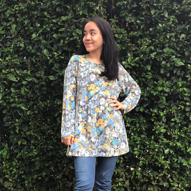 Bunga Biru Bintik - Blouse Bunga - Atasan Lengan Panjang PA42