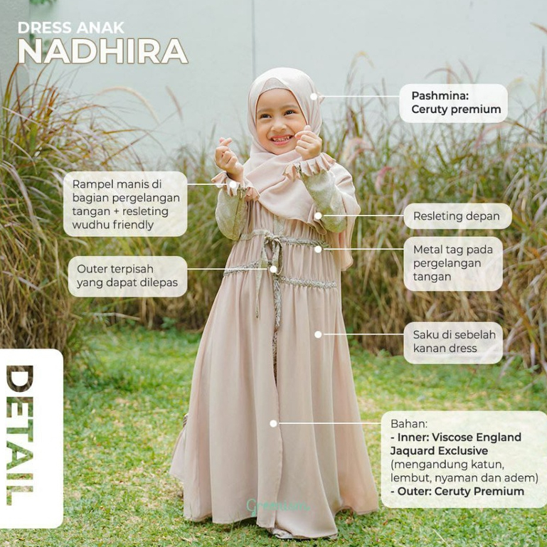 Greenism Sarimbit Motif Nadhira &amp; Nadhif Dress Kids Dan Pashmina Quality Premium Syari'i -  Family Set Sarimbit Greenism