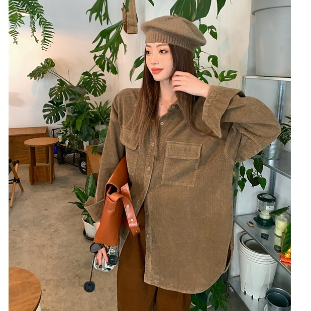 Bordir Kemeja Corduroy Wanita Korea Style Oversize Lengan Panjang Baju Atasan Wanita Kekinian Premium Kemeja Coklat