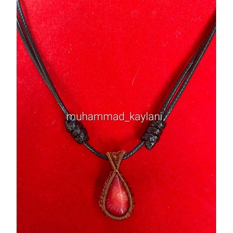 Kalung liontin wire wrapping batu akik marjan red coral (N)