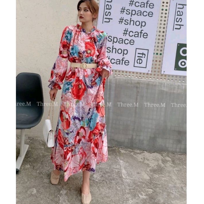 58870 Baju maxidress longdress ROSE PINK lengan panjang dres Korea Korean style wanita premium impor