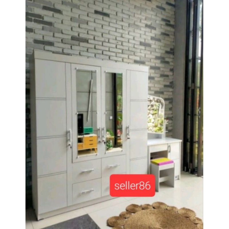 LEMARI PAKAIAN 4 PINTU PUTIH DAN MEJA RIAS / PAKET LEMARI 4 PINTU DAN MEJA RIAS PUTIH BANDUNG BAGUS