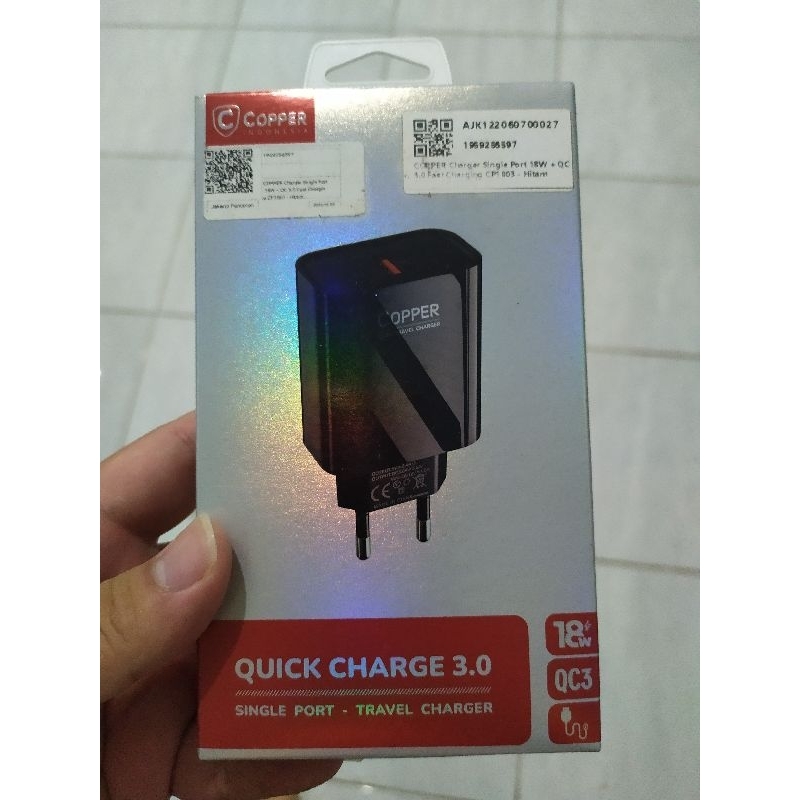 Copper Charger Single Port 18W + QC 3.0 Fast Charging Hitam