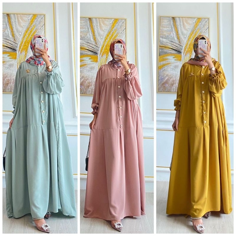 BISA COD GALERIAZKIYA TALIA DRESS/ GAMIS KANCING MUTIARA/ DRESS MEWAH AKSEN MUTIARA/ DRESS LENGAN PA
