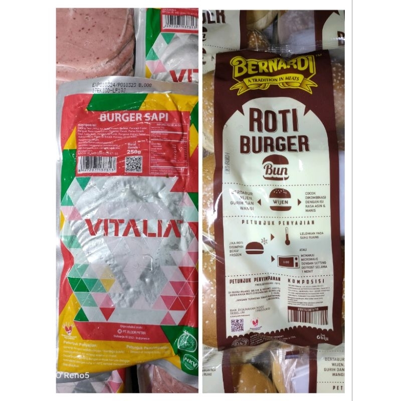 

paket vitalia beef burger 250 gr dan bernardi burger wijen isi 6 / paket burger / burger enak