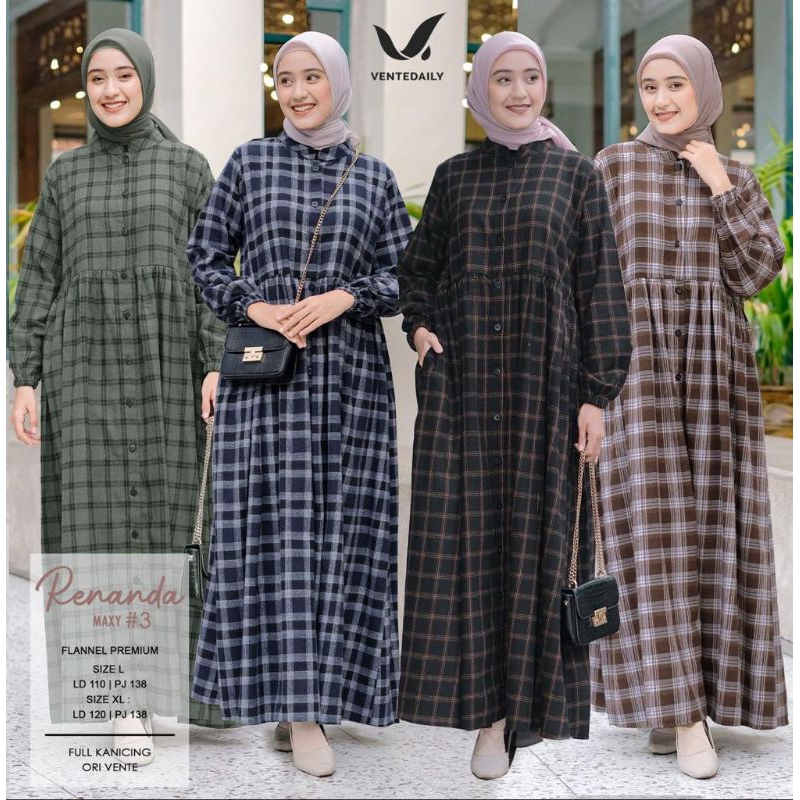 Vente Daily Renanda Maxy Gamis Terbaru 2023 Lebaran Wanita Flanel Premium Kotak Jumbo LD 120 /Maxy B