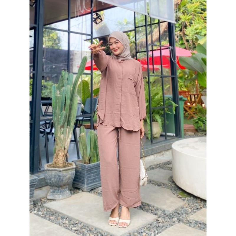 Camelia One Set Crinkle Air Flow Kekinian Setelan Wanita Terbaru One Set Polos Busui Setelan Kulot