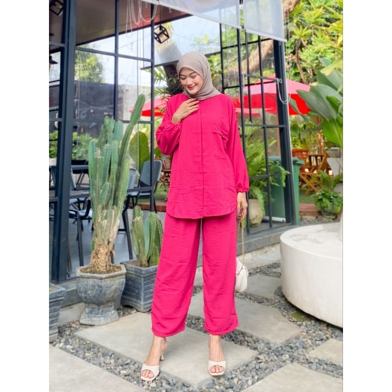 Camelia One Set Crinkle Air Flow Kekinian Setelan Wanita Terbaru One Set Polos Busui Setelan Kulot