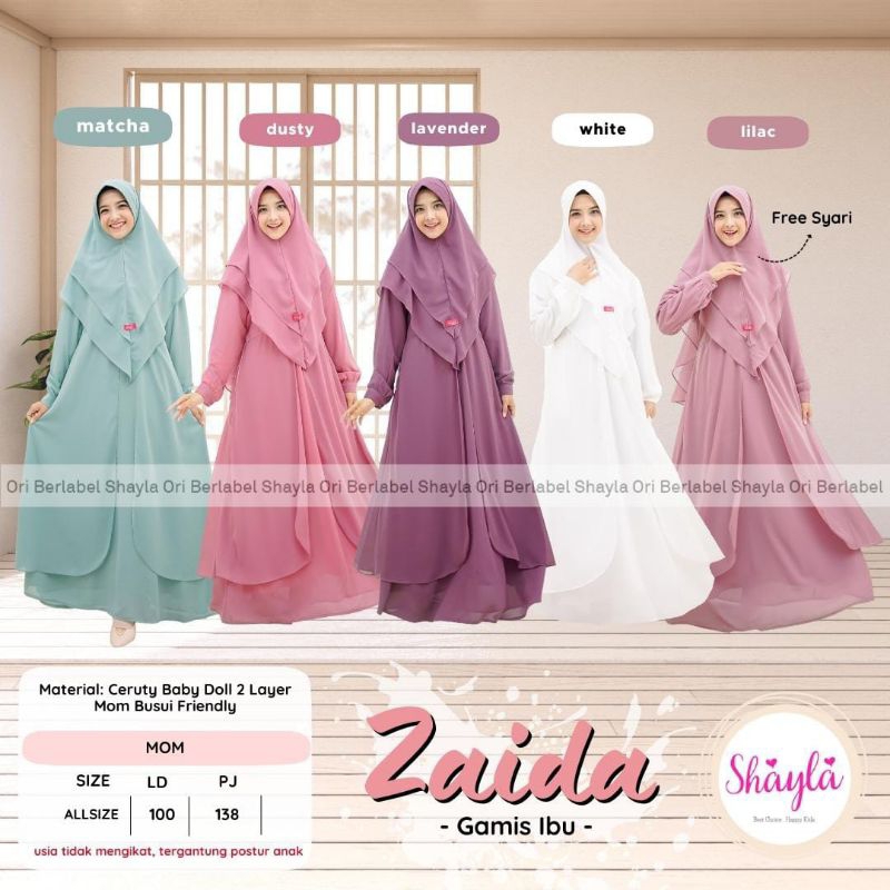 SETELAN GAMIS DRESS IBU DEWASA MUSLIM HIJAB BAHAN CERUTY BABYDOLL FREE SYARI ZAIDA ORI SHAYLA