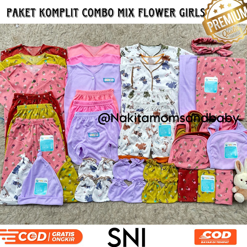 36pcs Paket Lahiran Perlengkapan Baju Bayi Celana bayi topi sarung tangan  kado Baru Lahir,3-6 dan 6-12 bulan Combo Mix Flower Girls SNI promo 8.8