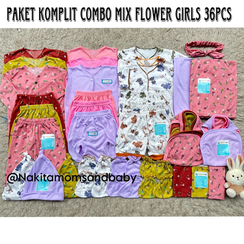 36pcs Paket Lahiran Perlengkapan Baju Bayi Celana bayi topi sarung tangan  kado Baru Lahir,3-6 dan 6-12 bulan Combo Mix Flower Girls SNI promo 8.8