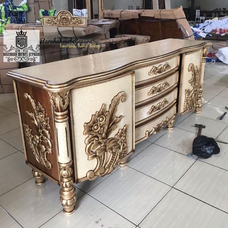 bufet tv full kayu jati 2 meter ukir finishing marmer