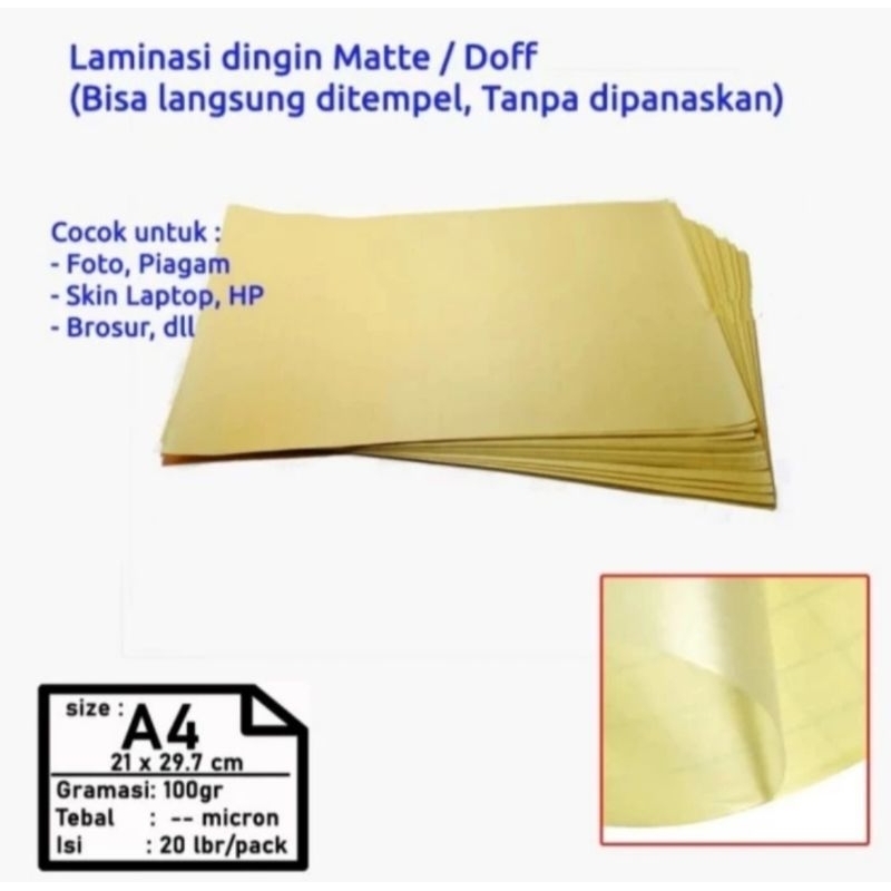 

STICKER LAMINASI MATTE A4 100 GSM (DINGIN)COLD LAMINATING MATTE FILM