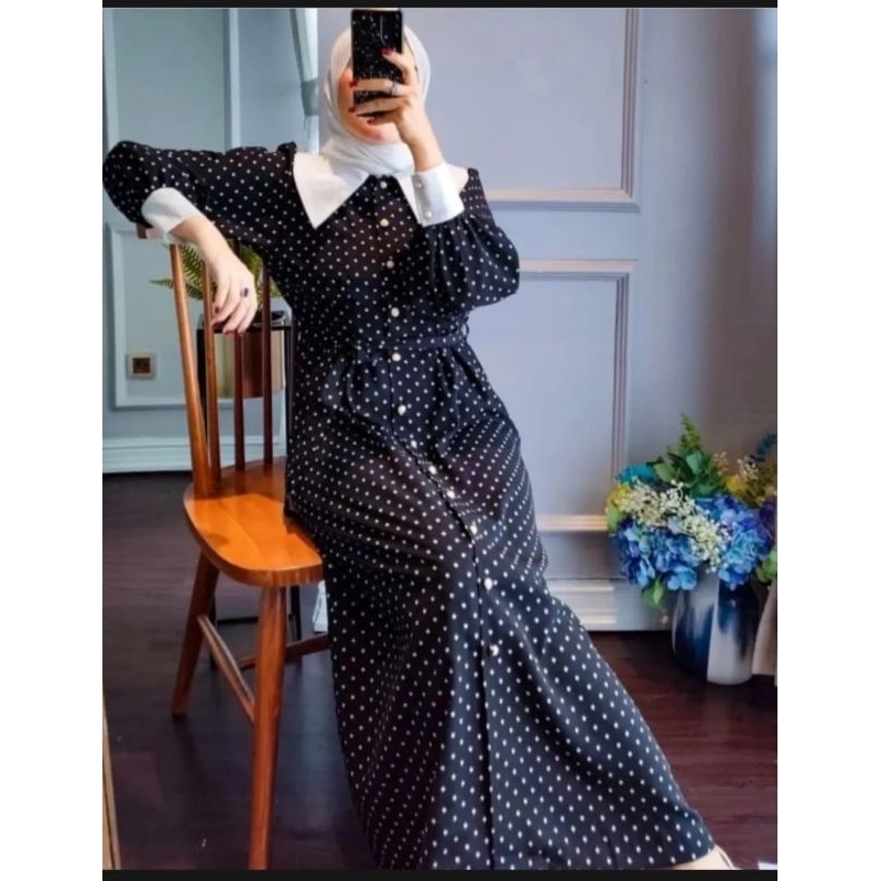 Gamis Katun Dress Polkadot Busui Friendly Kancing Dada