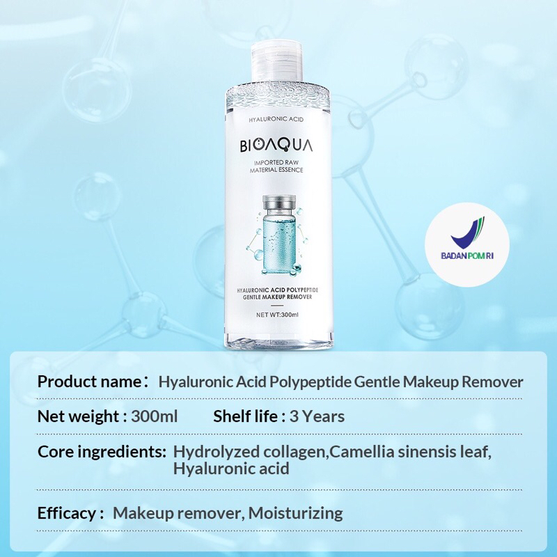 BIOAQUA  Makeup Remover Hyaluronic Acid Polypeptide Gentle Cleansing Water pembersih makeup micellar water 300ml