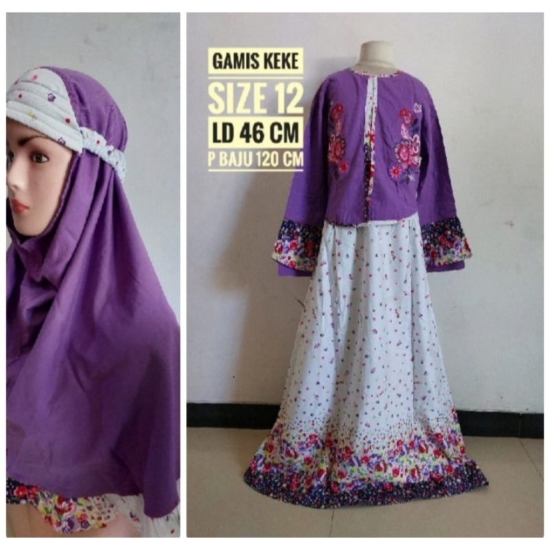 baju muslim anak perempuan gamis Keke size 12 umur 12 13 tahun ungu putih