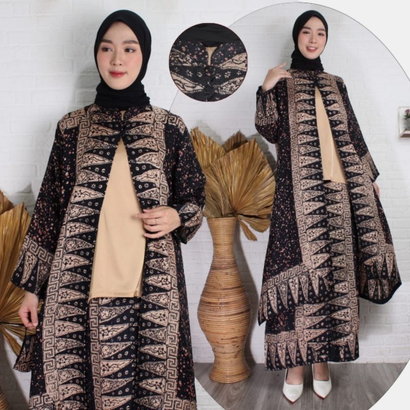 Setelan Batik Viscose Wanita Set Rok Instan + Cardigan Outer + Inner Maxmara Viscose Premium Semi Su