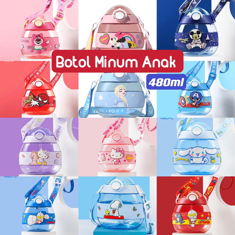 Botol Minum Anak Donut Tritan Spiderman Elsa Kitty lotso Model Sedot ada tali selempang