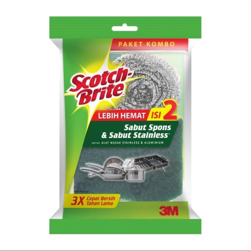 Scotch Brite 3m combo sabut spons cuci piring + sabut stainless IS-C01