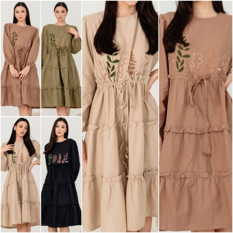 ⚡️CLEARANCE SALE ♡ PREMIUM ♡ ORIGINAL ! BIANCA TUNIK EMBROIDERY LONG SLEEVE RUFFLE LAYER MIDI DRESS