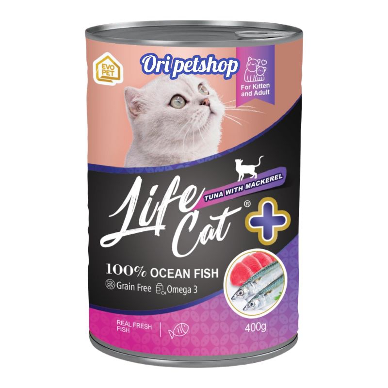 12 pcs - Life Cat Kaleng Plus 400gr Wet Cat Food - Ocean Tuna Fish With Makcerel