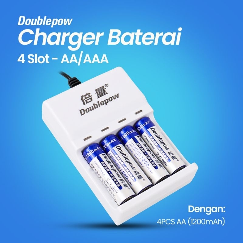 Doublepow Paket Baterai Cas / Rechargeble AA 1200mAh / AAA 1250mAh Dengan Charger Baterai AA/AAA