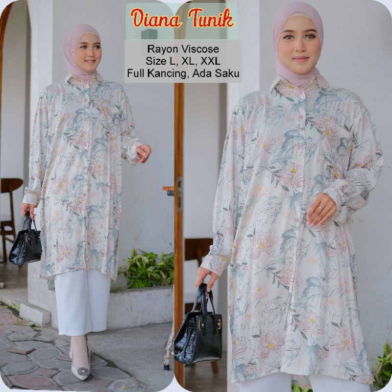 PROMO LONG TUNIK MOTIF DIANA RAYON VISCOSE JUMBO LD 100/110/120