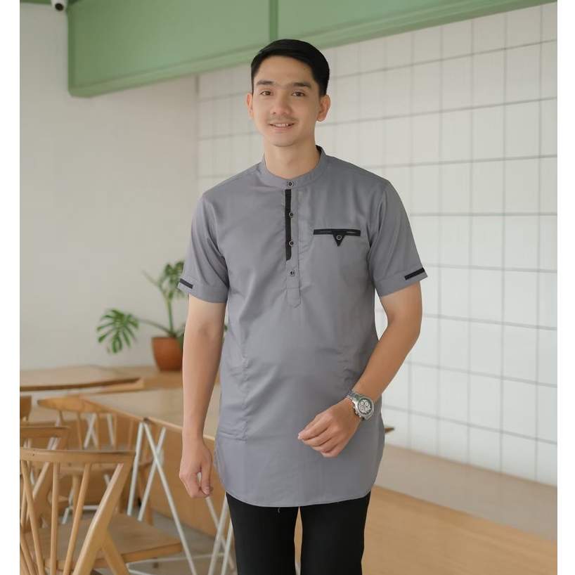 Kemeja Koko Kurta Dewasa Lengan Pendek Grey Size M L XL