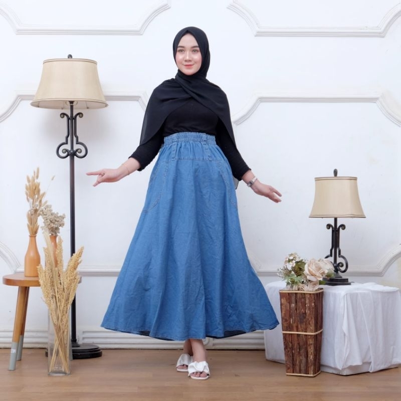 Rok Jeans Panjang Payung(Umbrella Skirt)ajfa