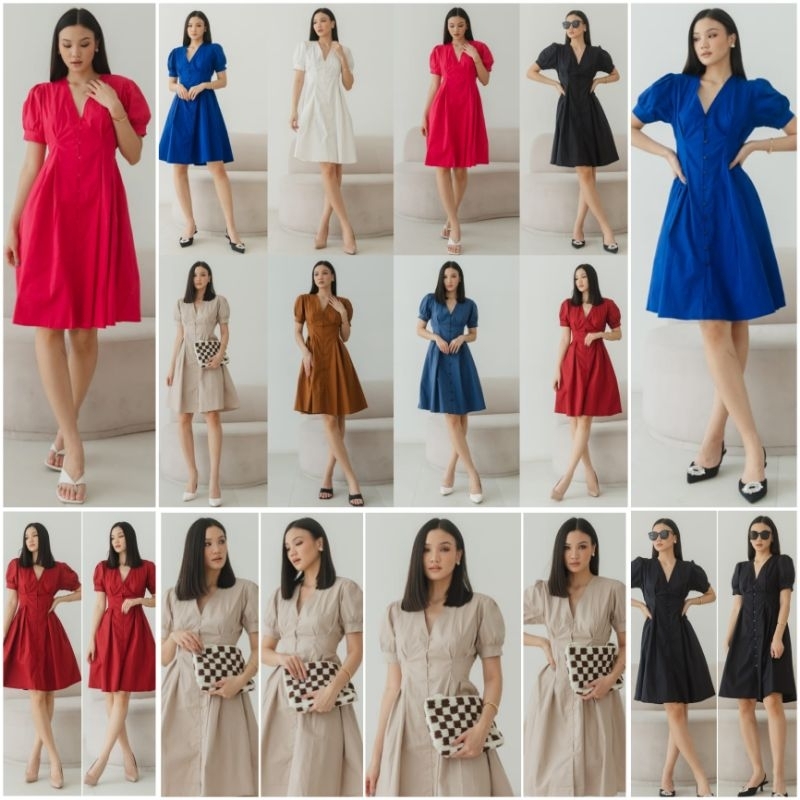 ♡ PREMIUM ♡ ORIGINAL ! MINELLA PLAIN V-NECK BUTTON FLARE MINI DRESS ( BUSUI FRIENDLY )