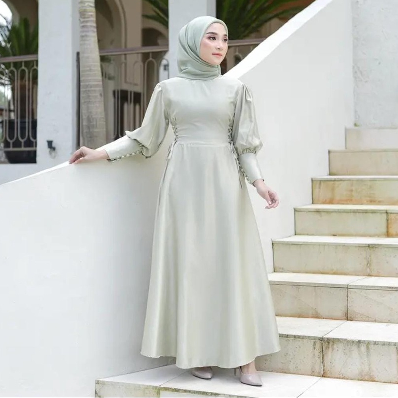 SALSABILA GAMIS LEBARAN MAXI ATASAN WANITA DRESS TALI SATIN SILK PREMIUM (RPA)