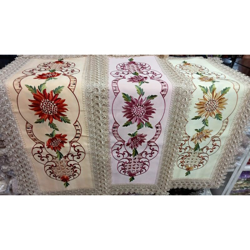 Taplak Meja Tamu Sulam Strimin Kruistik Panjang 40x100 cm Table Runner Shabby Chic Motif Bunga Premium Mewah TERMURAH