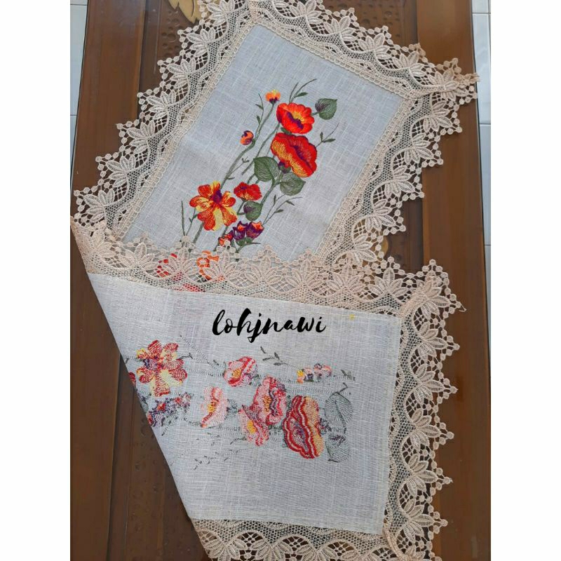 Taplak Meja Tamu Sulam Strimin Kruistik Panjang 40x100 cm Table Runner Shabby Chic Motif Bunga Premium Mewah TERMURAH